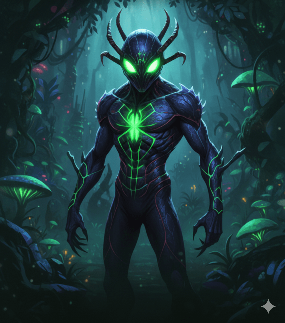 Anancy Spider God mythology illustration, neon green divine weaver