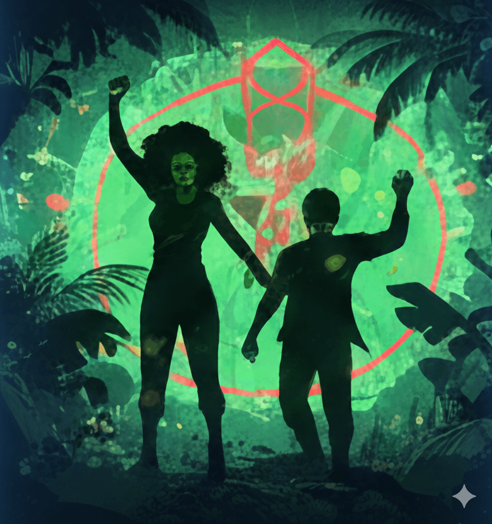 Jamaican Anancy folklore depiction, glowing blue under moonlight